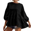 Women's Peplum Tops 3/4 Lantern Sleeve Crewneck Loose Babydoll Shirt Blouse (Medium, Black)