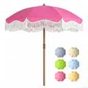 Tobeos 7FT Patio Umbrella with Fringe, Outdoor Tassel Umbrella with Fiberglass Ribs, Boho Beach Umbrella, Push Button Tilt and Carrying Bag, UPF50+, Rose Pink