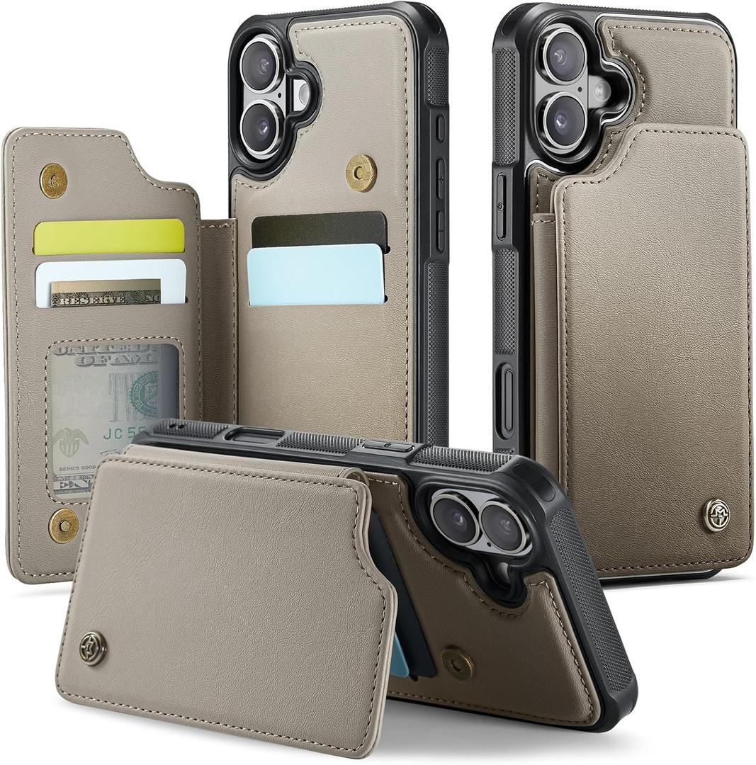 Compatible with iPhone 16 6.1" Wallet Case with Card Holder RFID Blocking for Women Men, Double Magnetic Clasp Kickstand Shockproof Phone Case Fit for iPhone 16, Gray
