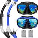 Snorkeling Gear for Adults, Dry Top Snorkel Mask Set, Diving Scuba Mask, Swimming Goggles with Nose Cover, HD Tempered Glass Panoramic Swim Freediving Anti-Leak Anti-Fog Travel Packages (Black+Blue)