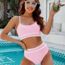 BMJL Women's High Waisted Bikini Ribbed Two Piece Swimsuit High Cut Color Block Adjustable Straps Bathing Suit (Pink, S)