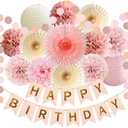 Pink Birthday Decorations Girl Dusty Blush Pink Beige Birthday Decorations Happy Birthday Banner Dusty Rose Blush Pink Cream Paper Pom Poms Paper Lanterns for Western Birthday Party Decor