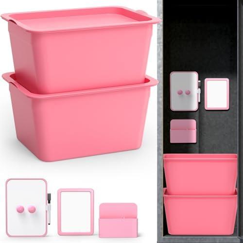 16 Pcs Locker Organizer Accessories Kit, Includes 4 Storage Bins with Lids, Magnetic Whiteboard, Mirror, Dry Eraser Marker, Pen Holder, Magnets for Organizing Shelves Back to School Essentials (Pink) set of 2