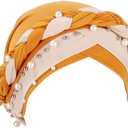 Fxhixiy Women Hijab Beading Pearl Braid Turban Hat Head Scarf Cancer Chemo Beanies Bandana Headwrap Cap (Yellow Beige)