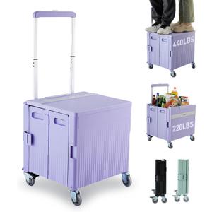 Folding Utility Cart Portable Rolling Crate Handcart Shopping Trolley Collapsible Tool Box, with Lid, on Rotate Wheels, for Grocery, Shopping, Office, Teacher, Camp,File (Purple)