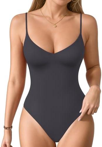 MANGOPOP Women's Cami Thong Bodysuit Double Lined Plunge Deep V Neck Backless Body Suit Adjustable Spaghetti Strap Tank Tops S