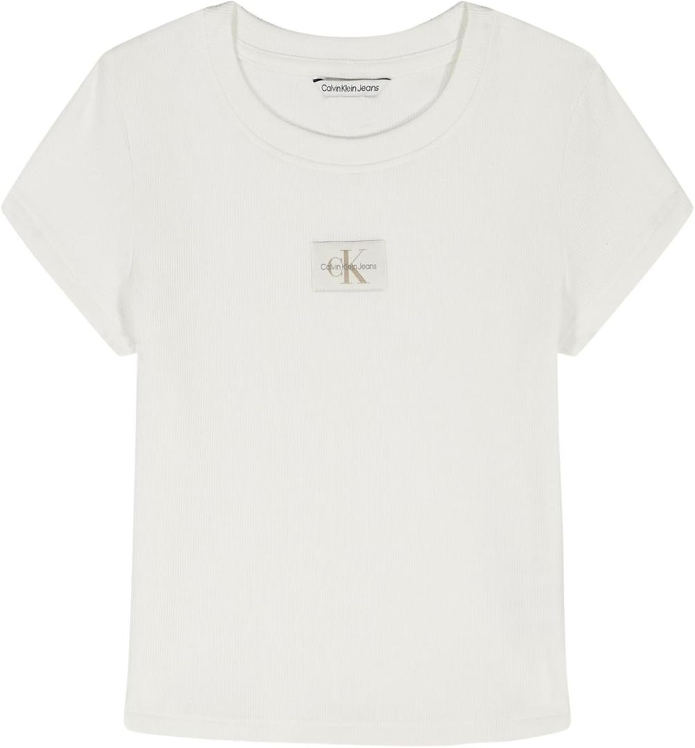 Calvin Klein Girls Short Sleeve Babydoll T-Shirt, Soft & Comfortable (8-10, Egret Ribbed Monogram)