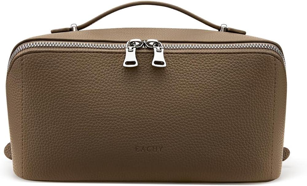 EACHY Travel Makeup Bag, Lychee Leather Large Capacity Cosmetic Bag for Women, Open Flat Toiletry Bag with TPU Brush Compartment, Waterproof Skincare Organizer Travel Essentials (Medium, AA-Khaki)