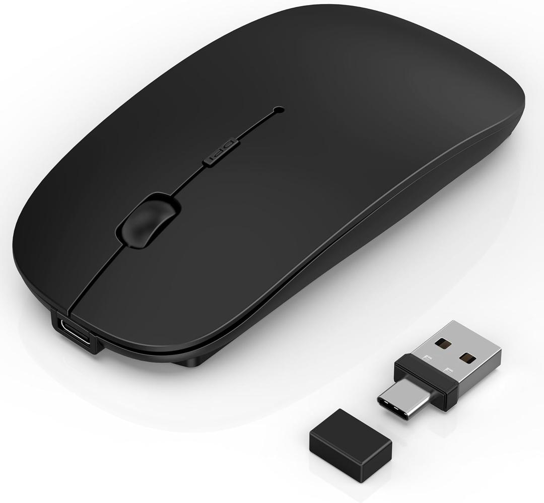 Wireless Mouse for Laptop/MacBook Air/Pro & iPad, Mouse Jiggler Mode Bluetooth 5.2/2.4G Rechargeable Silent Click 3-Level DPI Slim Portable USB-A&C Receiver (Mouse Jiggler Mode, Black)