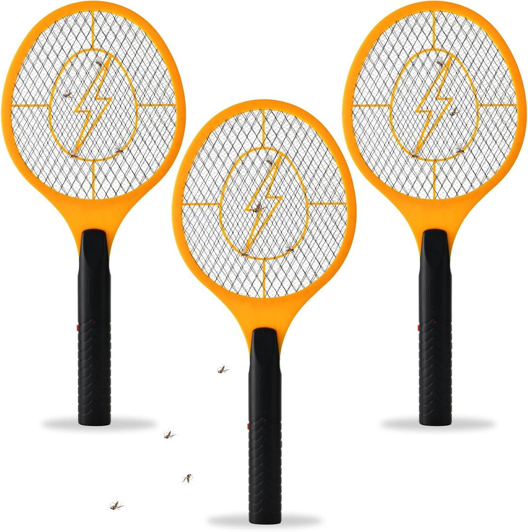 JAZB Electric Fly Swatter, Pack of 3 Bug Zapper, Fly Zapper, Handheld Powerful 3000V Zapper Racket for Indoor, Mosquito & Flies - Racket Catcher with 3-Layer Safety Mesh