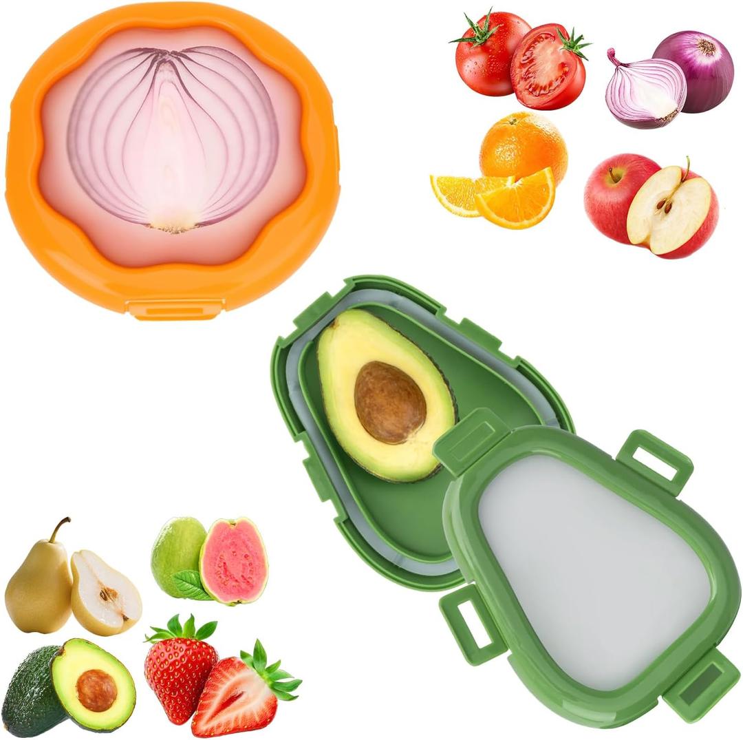 KMOSENIA 2pc Fruit Storage Containers for Fridge, Avocado Saver and Onion Storage Set, Reusable Silicone Food Storage Containers for Tomatoes, Lemons, and Potatoes (2)