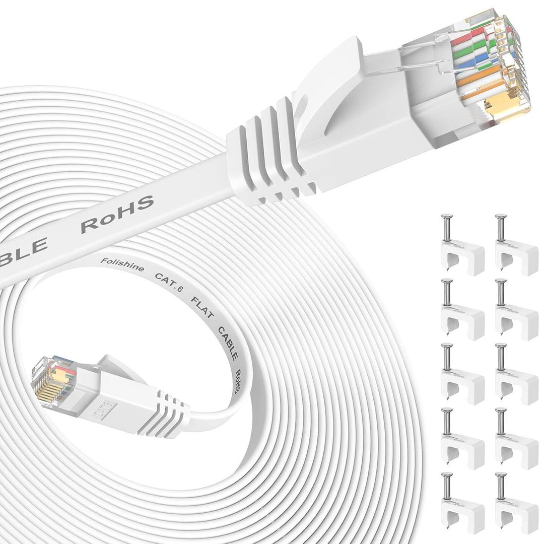 Folishine Cat6 Ethernet Cable 20 ft, Flat Design High Speed with Network Patch Cords, LAN Cable Clips&Rj45 Connector for Router Modem Faster Than Cat 5e/Cat 5-White