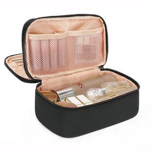 Relavel Makeup Bag Small for Women, Portable Cute Travel Cosmetic Bag, 2-Layers Design with Makeup Brush Compartment for Girls, Preppy Make Up Organizer for Travel Essentials Toiletries, Black (01A-Soft Black)