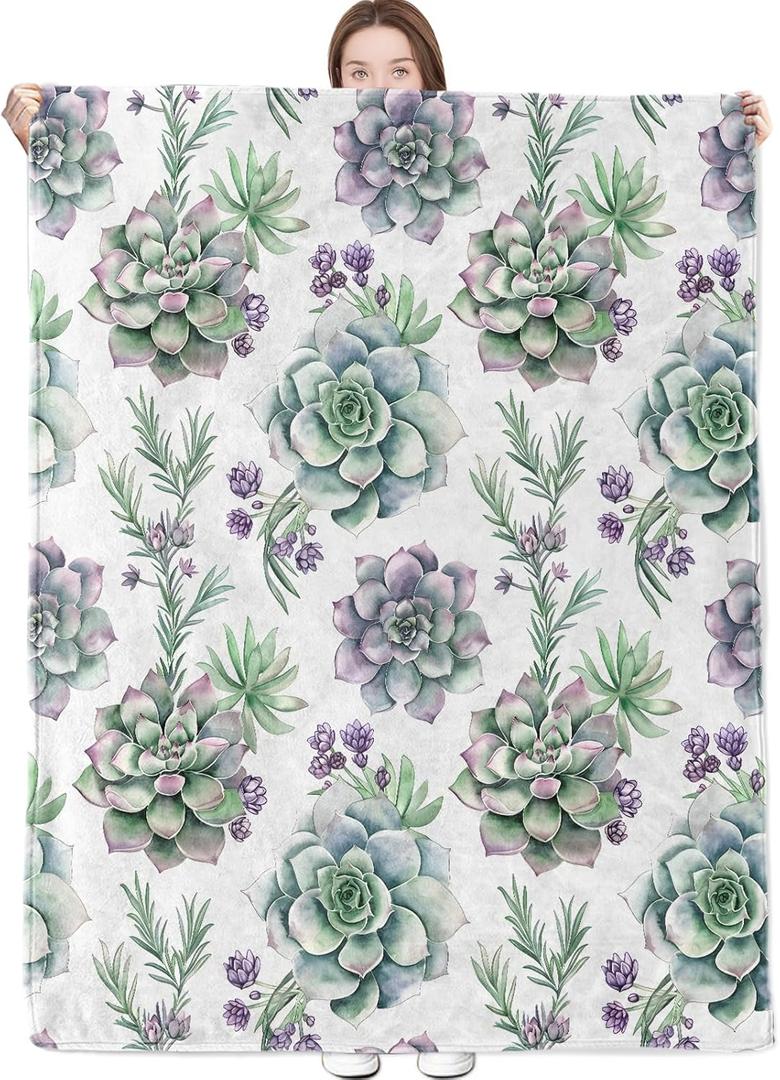 Succulent Blanket Botanical Floral Throw Blankets Lightweight Flannel Throws for Camping Couch Chair Office Bed Home Spring Summer Decor Gifts for Plant Lover,60x50inch