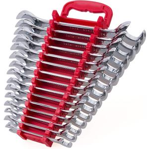 15-Piece Premium Angle Head Open End Wrench Set, Chrome Vanadium Steel, Mirror Chrome Finish | Include Metric Sizes 10, 11, 12, 13, 14, 15, 16, 17, 18, 19, 20, 21, 22, 23, 24mm with Storage Rack