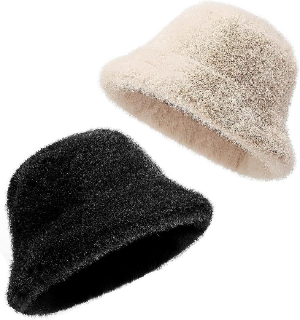 Fluffy Faux Fur Winter Bucket Hat for Women and Men - Solid Color Fisherman Cap, Soft Warm Plush Winter Hat with Foldable Brim for Cold Weather