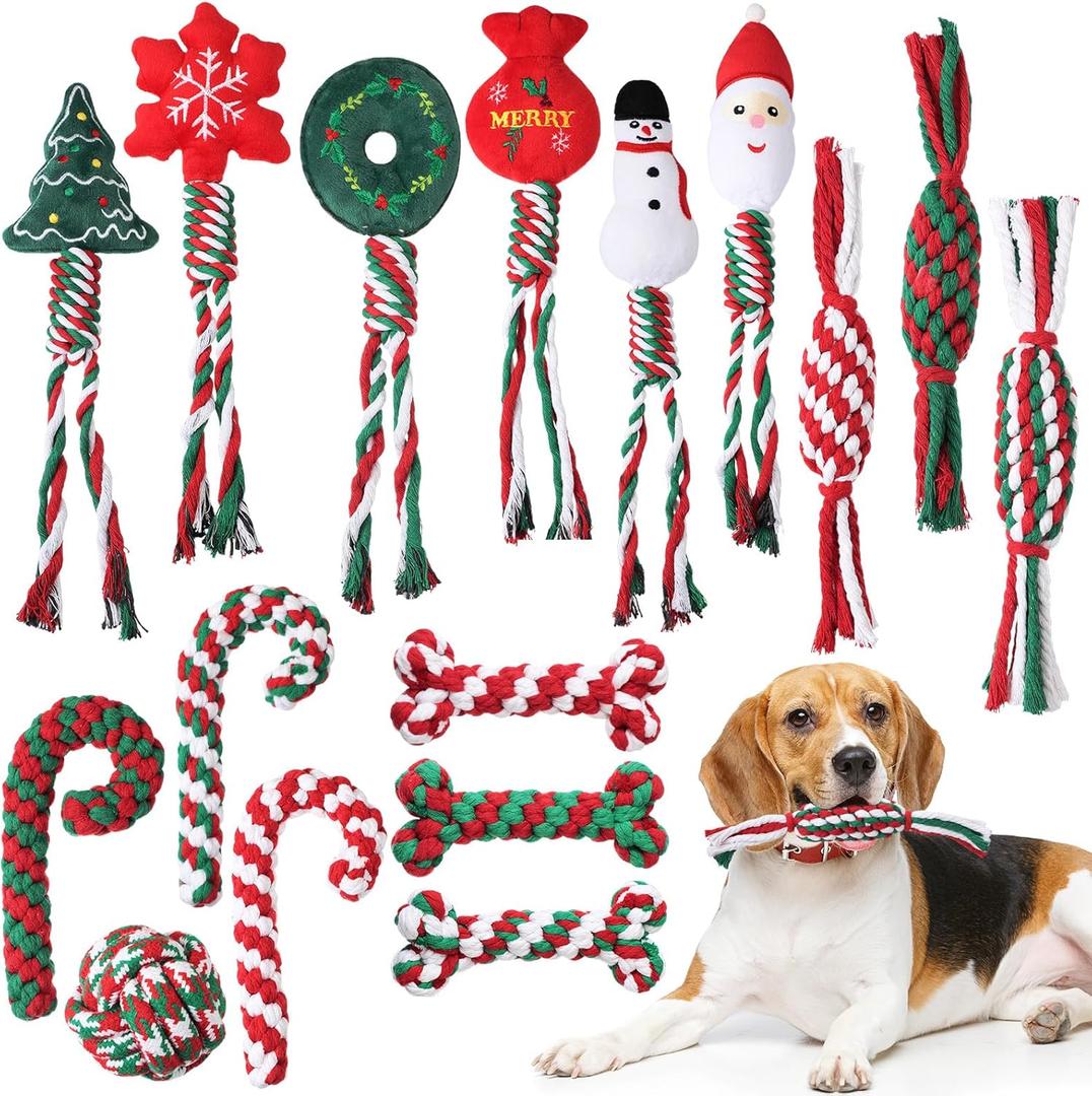 30 Pcs Christmas Dog Chew Toys Puppy Rope Bone Shape Candy Cane Assorted Styles Dog Tug of War Toys for Aggressive Chewers Small Medium Large Breed Pet Teething