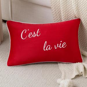 Super Soft Velvet Monogram Lumbar Throw Pillow Covers 12x20 Pillow Cover C'est la vie French Quote Printed Retro Decorative Pillows For Couch Bed Sofa Living Room Positive Sayings Home Decor Red 1 Pc