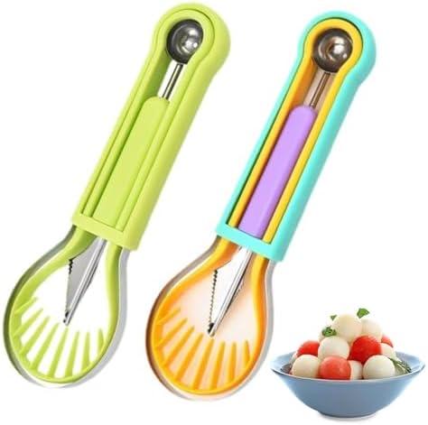 WIizyzfhy 2025 Upgraded 3-in-1 Stainless Steel Fruit Carving Tool Set, Watermelon Fork Slicer Ice Cream Watermelon Spoon Cutting Knife (green+yellow)