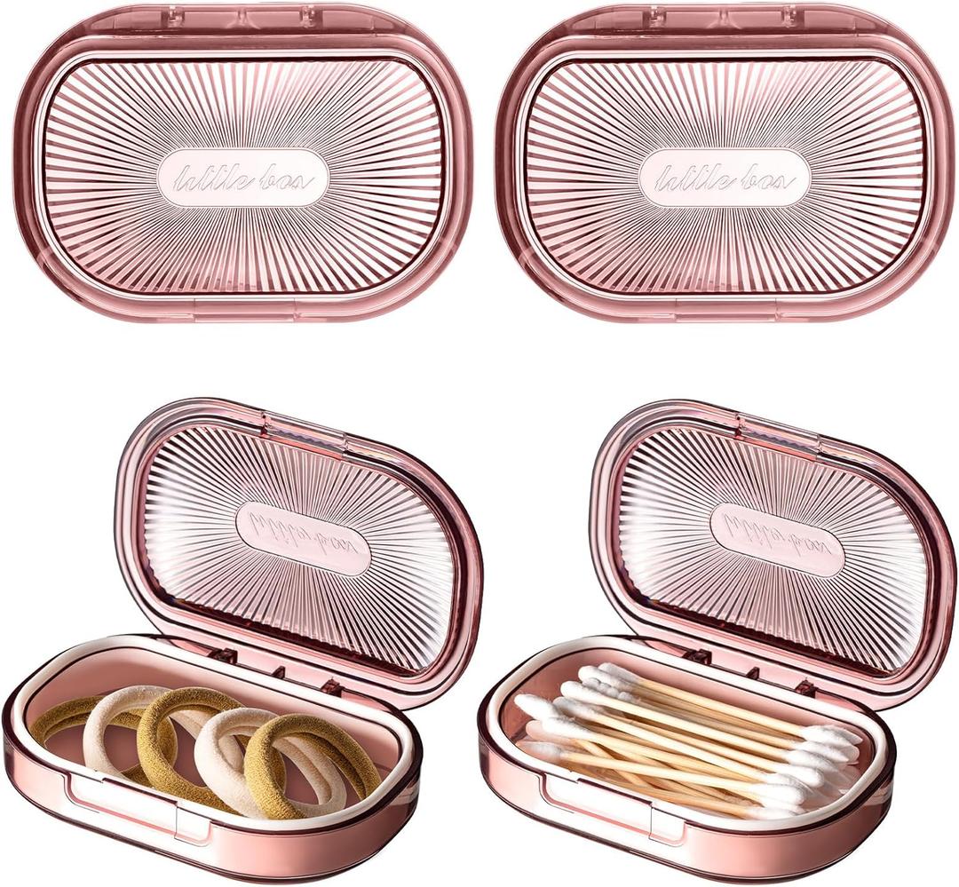 Kigley 4 Pcs Hair Tie Container Small Portable Travel Cotton Swab Holder Flosser Dispenser with Lid Plastic Box Storage Containers for Small Items, 3.94 x 2.76 Inch (Pink)