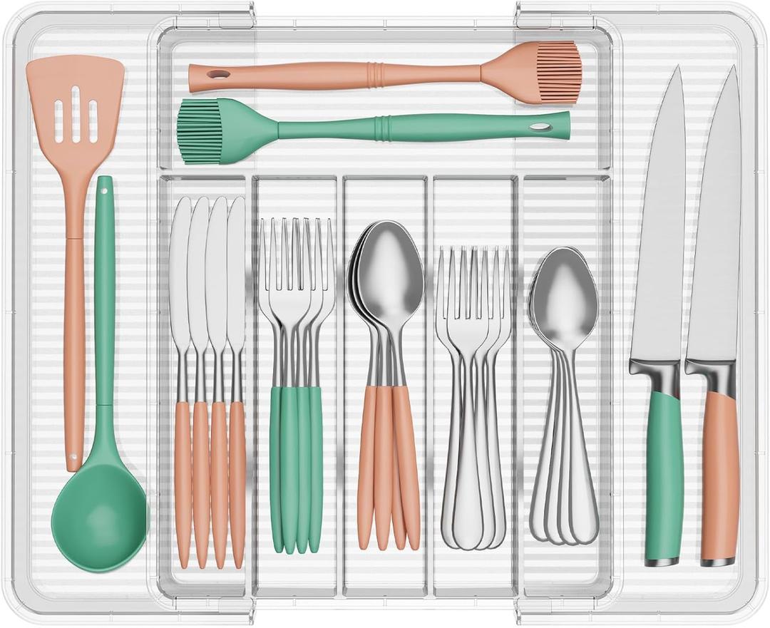 Lifewit Silverware Organizer for Kitchen Drawer, Clear Expandable Utensil Tray for Spoons Forks Knives, Adjustable Flatware Cutlery Holder Storage, Large