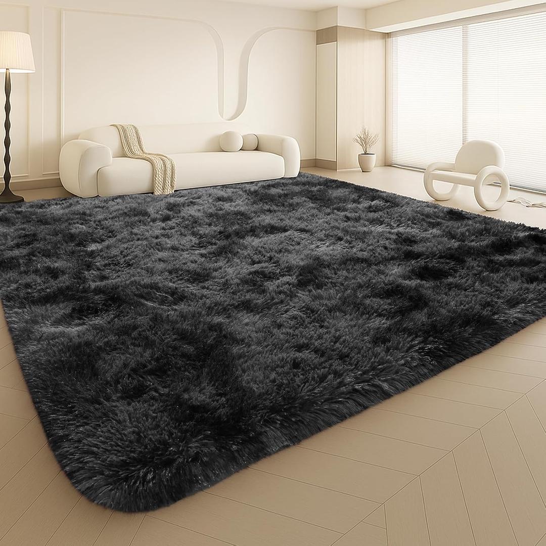 Large 9x12 Area Rug for Living Room, Soft Shag Rugs for Bedroom, Non-Slip Ultra Fluffy Rug,Modern Plush Carpet for Girls Boys Kids Room Dorm,Fuzzy Rug for Home Decor Aesthetic,Dark Grey (Black & Gray Tie-dye)
