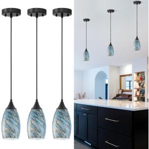 ANYLOVE Vintage Art Blue Pebble Pendant Lighting,3-Pack Hand Glass Hanging Light Fixture,Adjustable Cord for Kitchen,Hallway,Dining Room