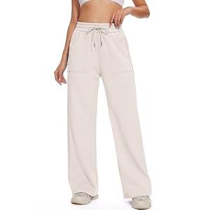 M MOTEEPI Womens Fleece Wide Leg Sweatpants Baggy High Waisted Winter Sweats Pants Straight Legs Athletic Pants with Pockets Apricot, Large