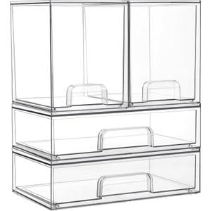 Vtopmart Clear Stackable Storage Drawers Set of 4, Plastic Organizer Bins for Makeup, Cosmetics, Beauty Supplies, Ideal for Vanity, Bathroom, Cabinet, Pantry Organization