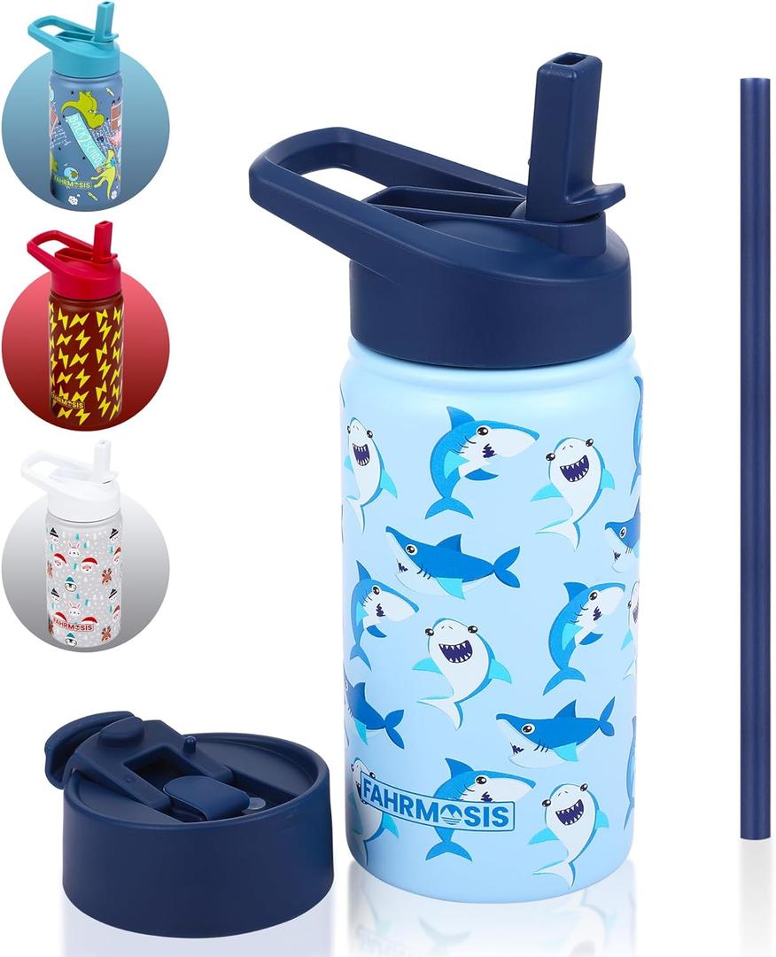 14 OZ Kids Water Bottle with Straw & 2 Lids (Flip & Spout) Leak Proof Metal Insulated Stainless Steel Reusable Tumbler for School & Sports Water Bottle - Blue (Shark)