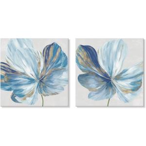 Blue Flower Canvas Wall Art Blooming Floral Canvas Print Modern Elegant Framed Artwork Wall Decoration for Bedroom Living Room Kitchen Home 24x24Inchx2pcs