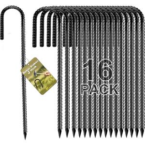 Rebar Stakes 12 Inch, Rebar Stakes Heavy Duty 16 Pack Ground Anchors J Hook with Chisel Point End Galvanized Steel Anchors for Fence Landscape Trampoline Chain Link Garden Camping Tent Plants (Black)