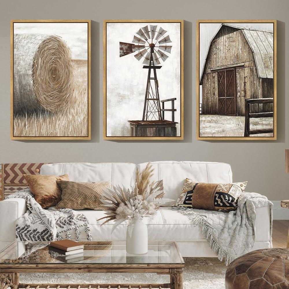 Drsoum Farmhouse Wall Art Vintage Rustic Windmill Barn Cornfield Pictures Framed Painting Landscape Countryside Rural Canvas Artwork Home Decor Ready to Hang 24x36in - Natural Framed
