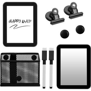 Magnetic Locker Accessories Set, Back to School Essentials (with Magnetic Whiteboard, Locker Mirror, Pen Holder, Marker, Round Magnet) School Locker Black Decor, Work Locker Organizers
