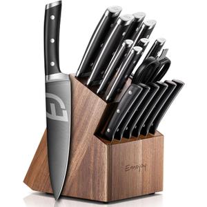 Emojoy Knife Set, Kitchen Knife Set with Block  17 PCS German Titanium Steel Knives with Heavy-Duty Acacia Wood Block and Built-in Sharpener for Home Cooking, Dishwasher Safe