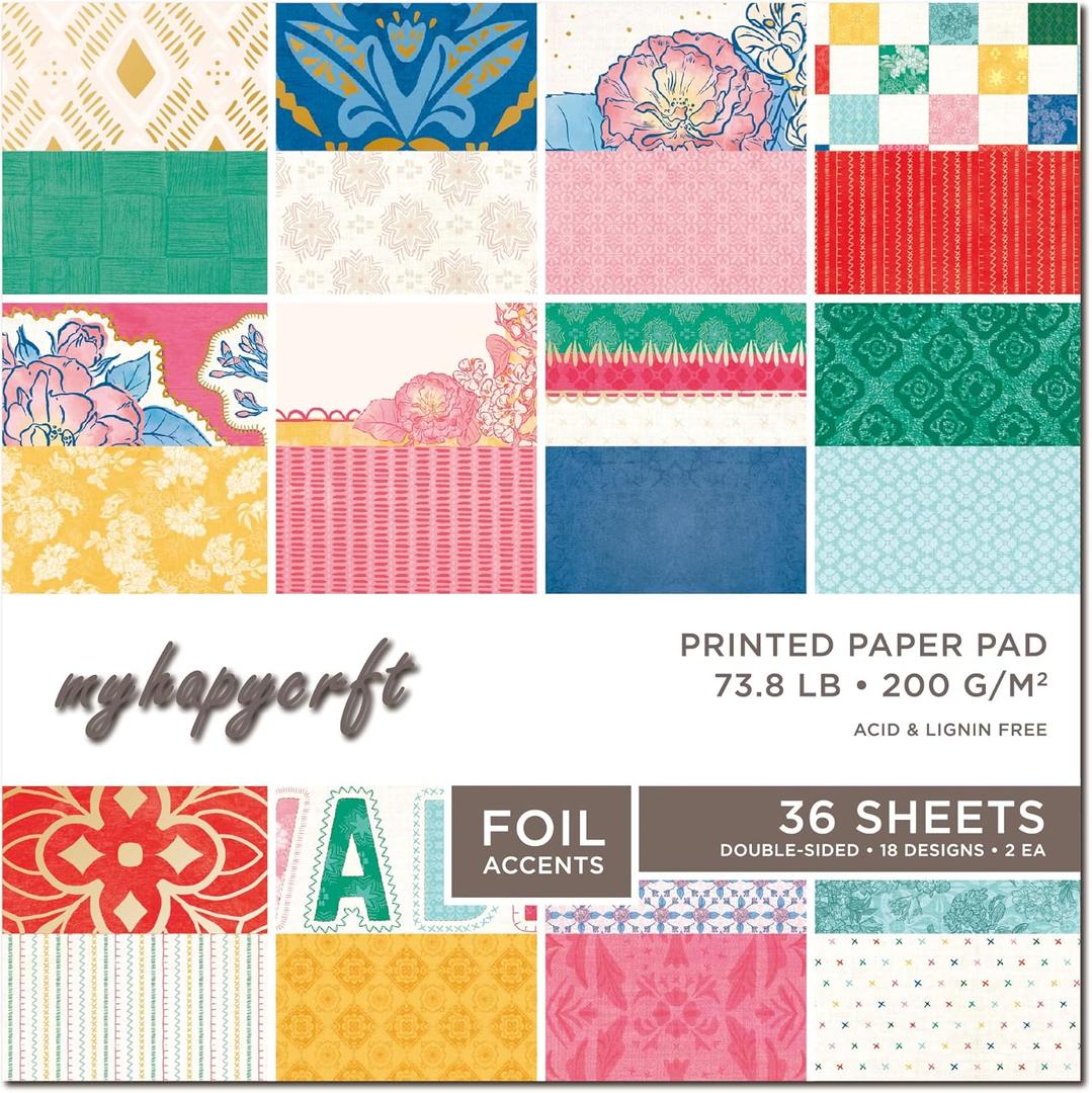 Scrapbook Paper Pad, 36 Sheets Double-Sided Design Paper with Foil Accents, 200GSM Decorative Cardstock for Card Making, Scrapbooking, Junk Journaling, 12" x 12" Artisan