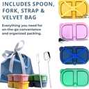 2 Pack Reusable Silicone Snack Containers with Lid, Strap, Spoon & Fork-2 Compartments Portable Mini ContainersSilicone Snack Storage Box for Picnic, Office, School(blue+green)