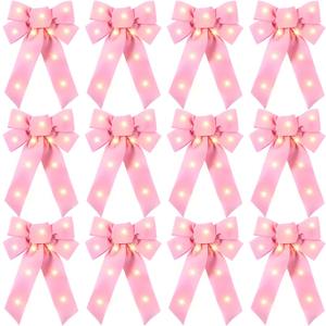 Crowye 12 Pcs Large LED Valentines Bows Lighted Velvet Bows Decoration Wreath LED Light Bow Christmas Tree Topper for Indoor Outdoor Xmas Winter Decoration(5 x 8 Inches,Pink)
