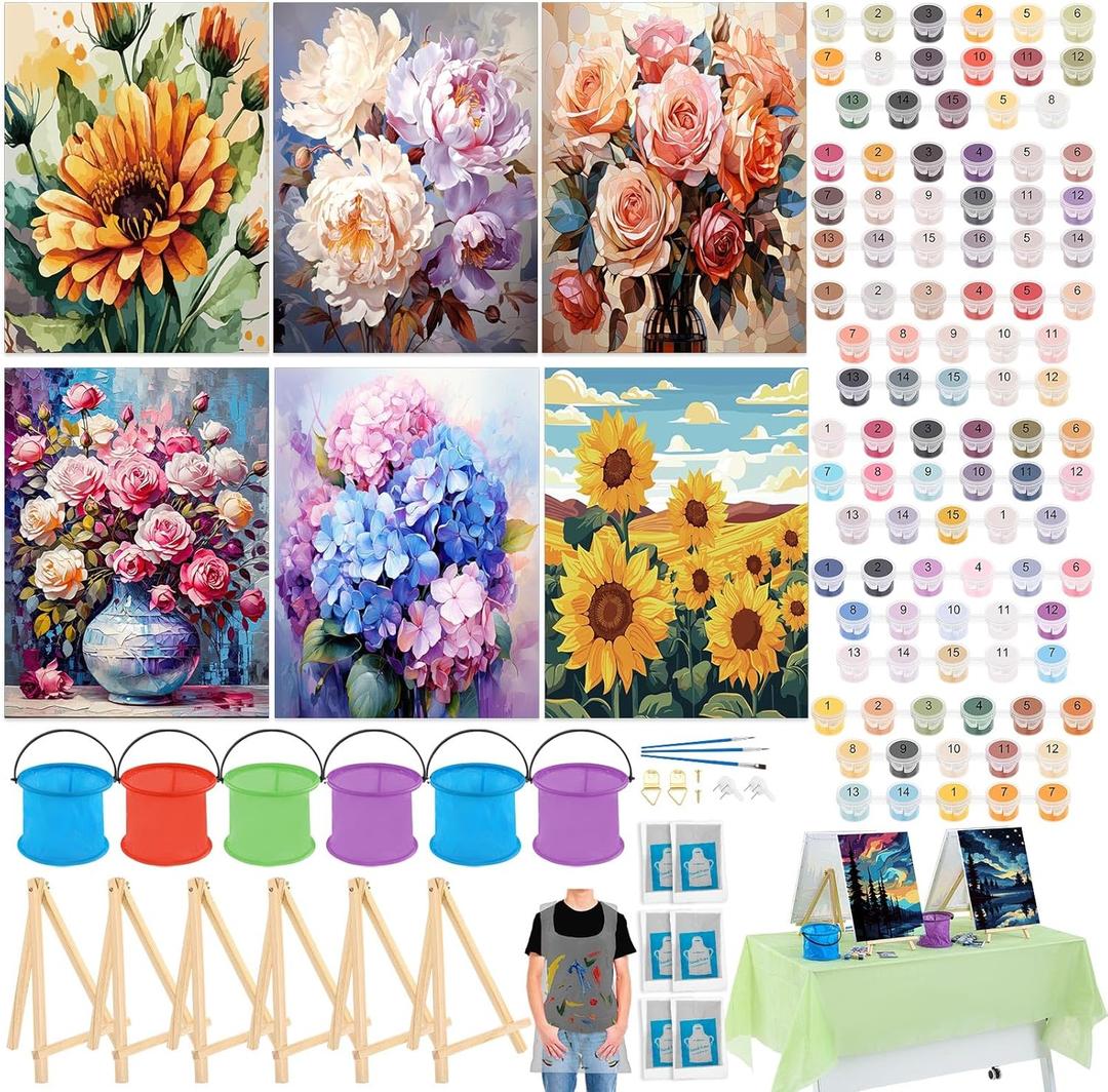 Gersoniel 6 Sets Pre Drawn Paint by Numbers Kit for Adults Beginner, 16x12 Inch Flower Oil Painting on Canvas, Sip and Paint Kit for Adults Couples Date Girls Night, Gifts Home Wall Decor