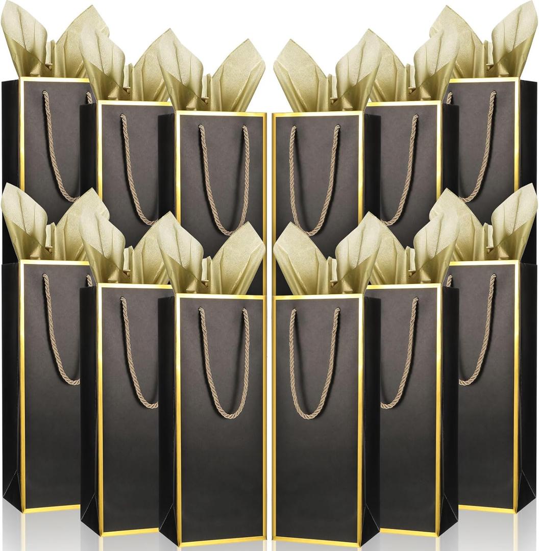 TaoBary 50 Pcs Gift Bags and Gold Wrapping Paper Set Bags for Bottle Bulk 4 x 5 x 13 Inch Champagne Gift Paper Sack with Handles for Christmas Appreciation Wedding Anniversary(black,30 Pcs)