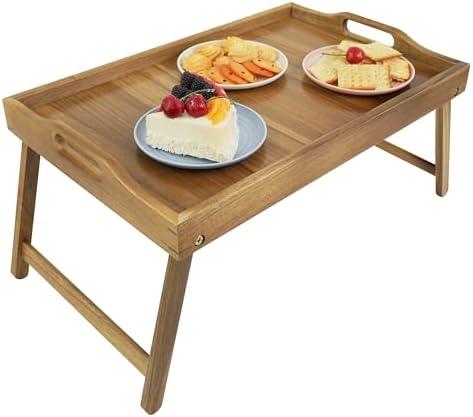 Utoplike Acacia Bed Tray Table for Eating, Large Breakfast Tray with Folding Legs, Wood Serving Trays for Laptop Working