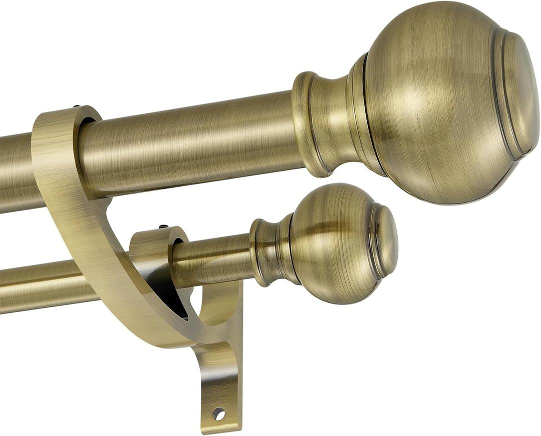 1 Inch Double Curtain Rods 84 to 120 Inches, Window Dual Drapery Rod, Adjustable Telescoping Heavy Duty Curtain Rods with Iron Finials and Aluminum Brackets for Bedroom, Patio, Kitchen, Antique Brass