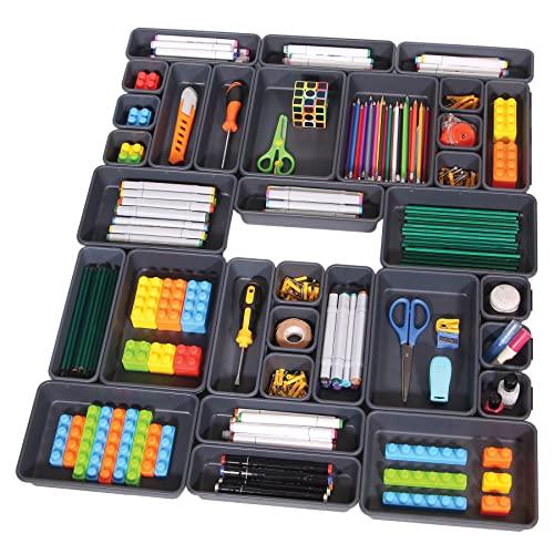 Set of 32 Interlocking Desk Drawer Organizer Tray Dividers Plastic Shallow Narrow Drawers Organizers Separators Storage Bins Container for Kitchen Bathroom Makeup Office Vanity Bedroom Dresser