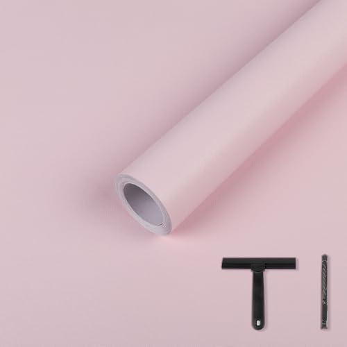 LXCREAT Pink Matte Peel and Stick Wallpaper Solid Color Removable Self Adhesive Wallpaper, Vinyl Film Waterproof Contact Paper for Bedroom with Scraper, Paper Cutter 17.71in×393.7in