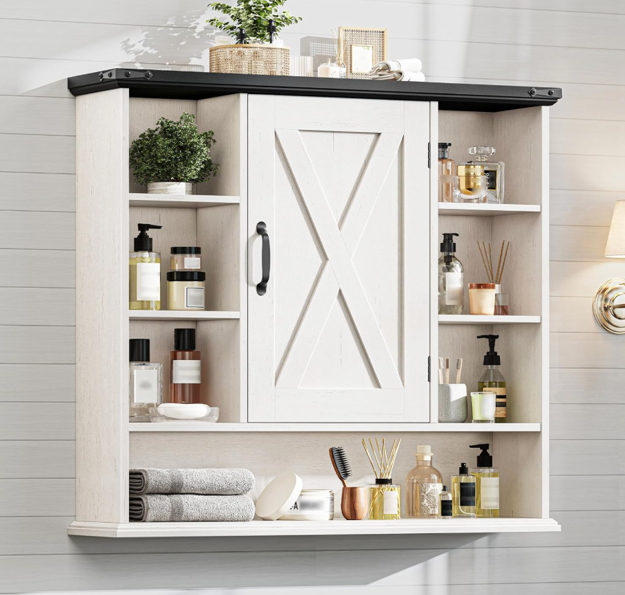 Bathroom Wall Cabinet, Farmhouse Medicine Cabinet with Adjustable Shelves and Barn Doors, Large Wall Mounted Over the Toilet Storage Cabinet for Bathroom, Laundry Room, Kitchen, Rustic White and Black