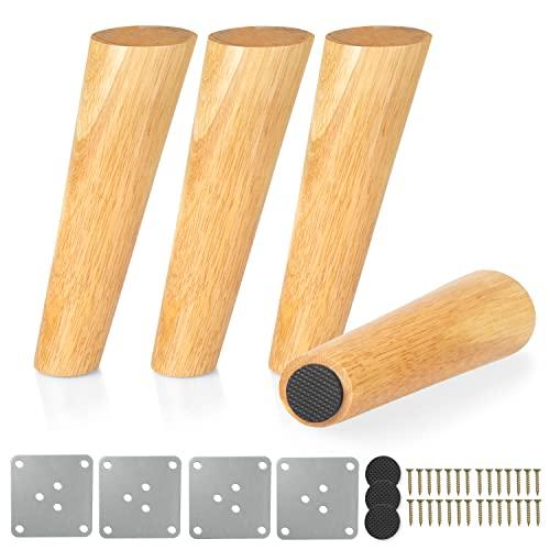Ilyapa Wooden Tapered Oblique Furniture Leg - Set of 4 Natural Rubber Wood 8 Inch Mid Century Modern Tapered Replacement Furniture Feet for Sofas