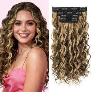 Curly Clip In Hair Extensions, 4PCS 16 Inch Chocolate Brown with Highlights Extensions Clip Ins, Lace Weft Short Curly Invisible Natural Hairpieces for Women