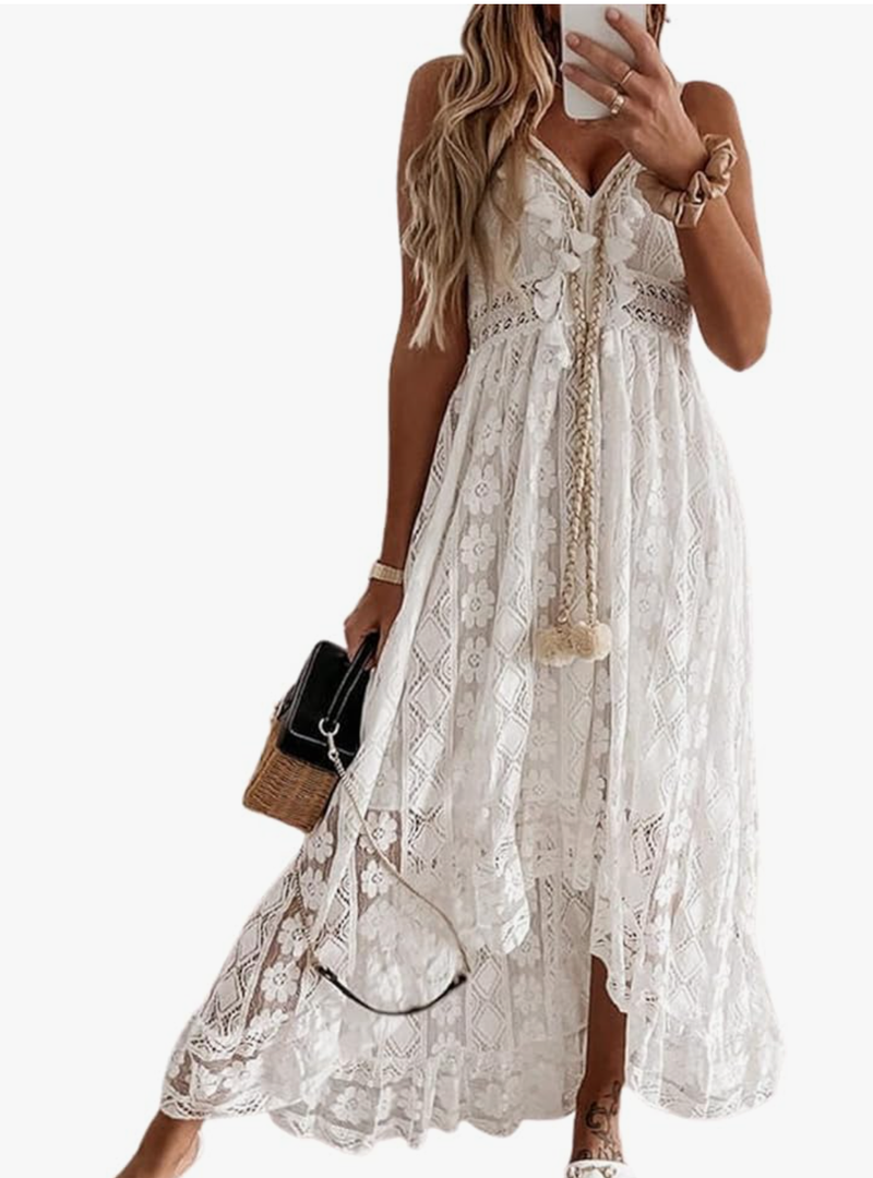CUPSHE Women's Summer Dresses Sleeveless Lace Casual Tassel Beach Spaghetti Straps Flowy Maxi Sun Dress XL