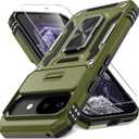 DEERLAMN Case for Google Pixel 9A with Slide Camera Cover+Screen Protector (1 Pack), Rotated Ring Kickstand Military Grade Shockproof Protective Cover-Olive Green