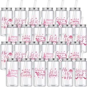 Pickmesh 24 Pcs Christmas Plastic Cups Bulk 13.5 oz Reusable Cups with Lid and Straw Pink Cold Drink Coffee Water Beverage Tumbler Gifts for Adults Xmas Party Favor Holiday Supplies